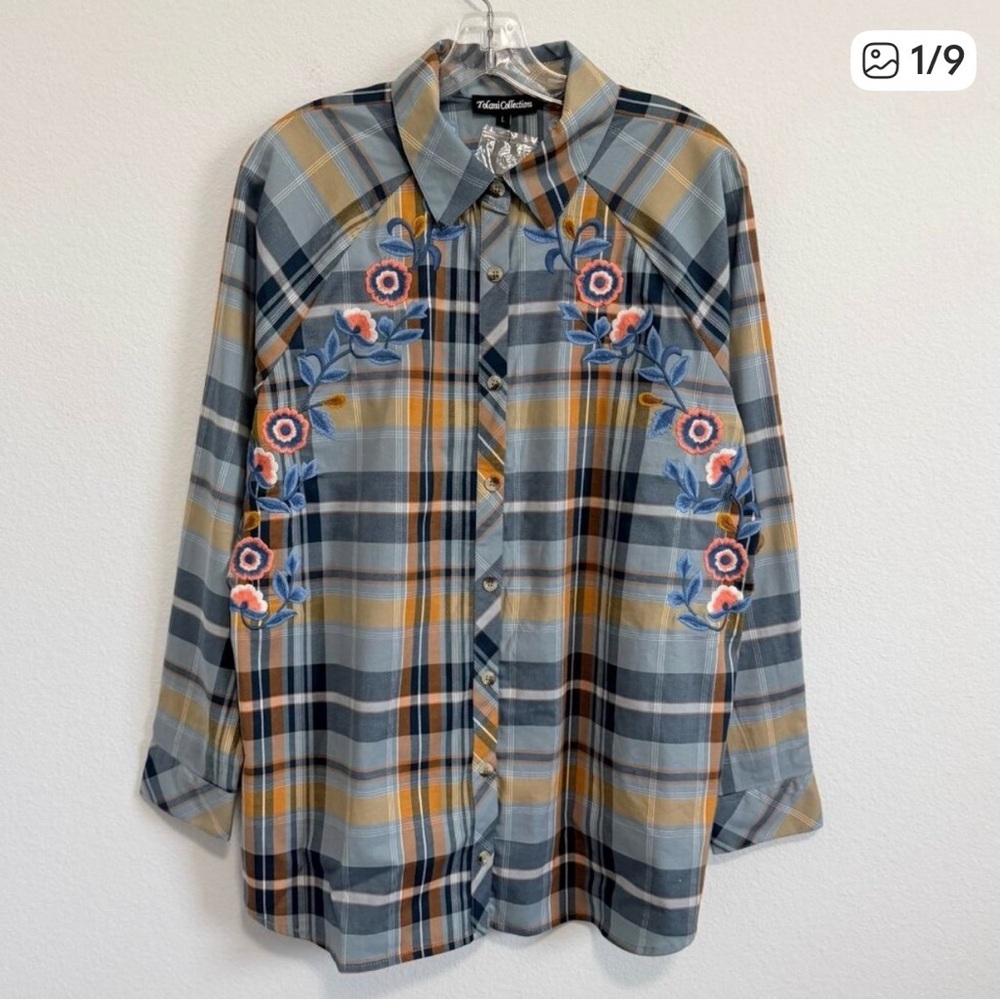 Tolani Collection Plaid Embroidered Button Down Spring Tunic Top Size Large NWT